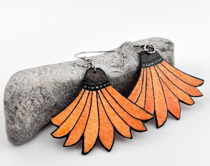 Orange Coneflower Earrings, Echinacea Painting, Lightweight
