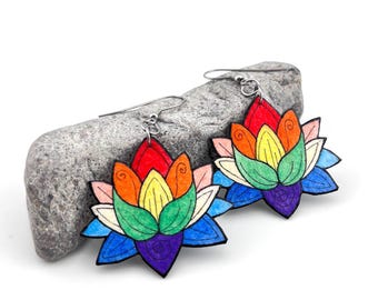 Rainbow Lotus Flower Earrings, Hand Painted, Lightweight