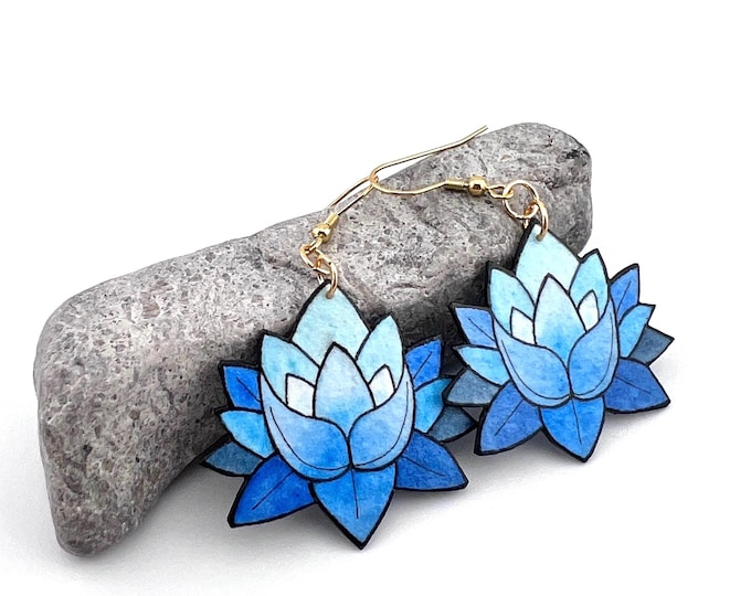 Blue Lotus Earrings:  Hand Painted, Lightweight