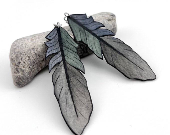 Large Raven Feather Earrings, Hand Painted, Lightweight