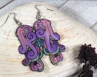 Large Octopus Earrings, Purple/Pink, Sea Creature Jewelry, Lightweight, Hand Painted Watercolor