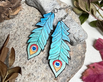 Blue Peacock Feather Earrings, Hand Painted, Oversized Statement Jewelry, Lightweight