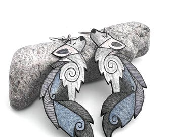Howling Gray Wolf Earrings, Spirit Animal Jewelry, Hand Painted, Whimsical Jewelry, Light Weight