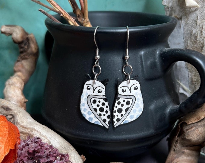 Cute Snowy Owl Earrings, Hand Painted, Lightweight
