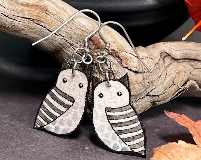 Hand Painted Gothic Owl Earrings: Lightweight Stainless Steel