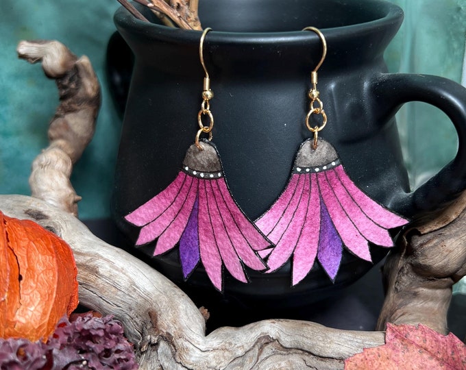 Purple Echinacea Earrings, Hand Painted, Lightweight