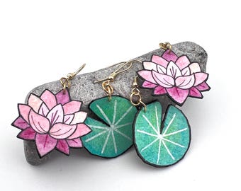 Water Lily Earring Set, Hand Painted, Whimsical Jewelry, Light Weight