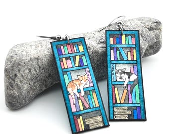 Cat on Bookshelf Earrings, Personalized Pet Memorabilia, Two Cats