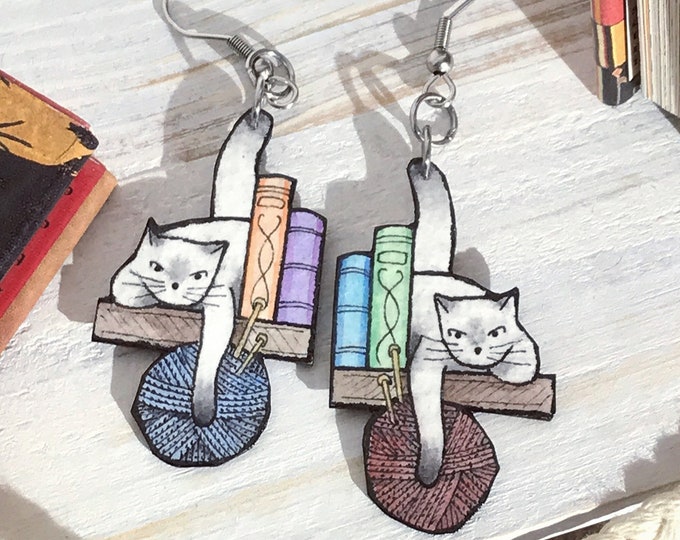 Cat and Yarn Earrings, Pet Memorabilia Gift, Personalized, Hand Painted