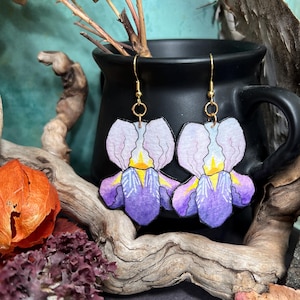 Purple Iris flower Earrings, Hand Painted, Lightweight