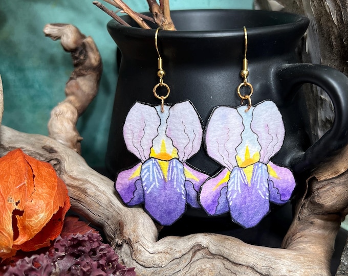 Purple Iris flower Earrings, Hand Painted, Lightweight