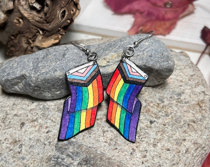 Progress Flag Earrings, LGBTQ+ Pride Jewelry, Medium Sized, Hand Made, Lightweight