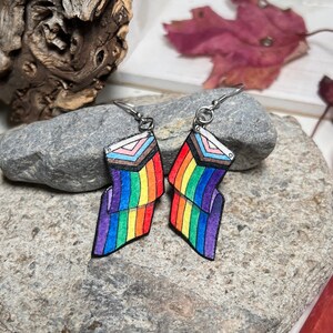 Progress Flag Earrings, LGBTQ+ Pride Jewelry, Medium Sized, Hand Made, Lightweight