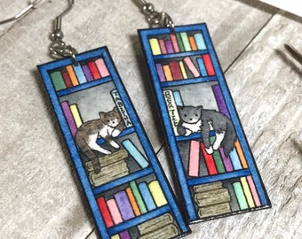 Cat and Book Earrings, Two Cats on Bookshelf, Personalized Pet Gift, Wearable Fine Art Painting,