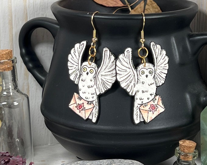 Snowy Owl Earrings, Wearable Fine Art Painting, Wizard World Gift