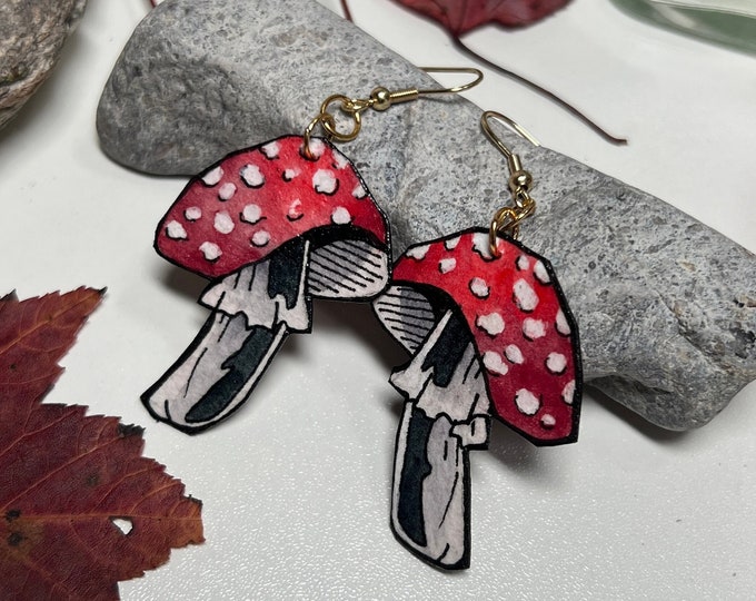Wild Mushroom Earrings, Amanita Art, Hand Painted, Lightweight