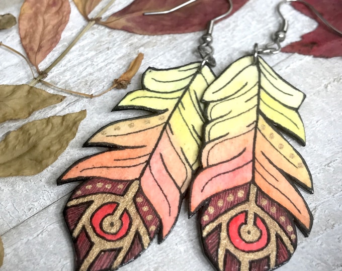 Phoenix Feather Earrings, Wearable Fine Art Painting, Lightweight