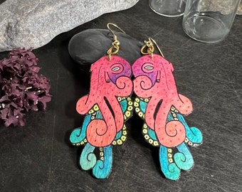 Pink Octopus Earrings, Wearable Fine Art Painting, Lightweight