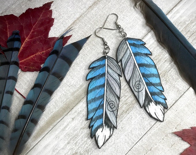 Bluejay Feather Earrings, Wearable Fine Art Painting, Lightweight