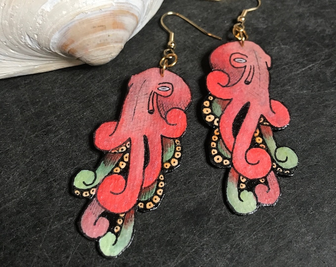 Red Octopus Earrings, Ocean Jewelry, Cthulhu Art