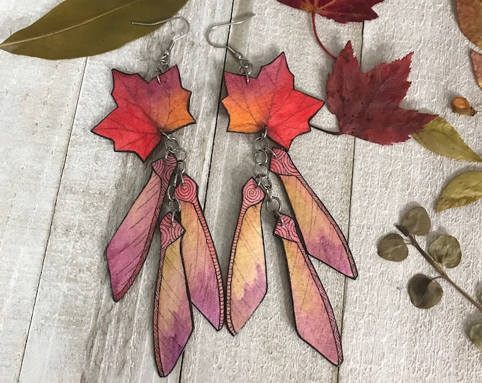 Autumn Maple Leaf Dangle Earrings: Hand-Painted Watercolor Paper Art