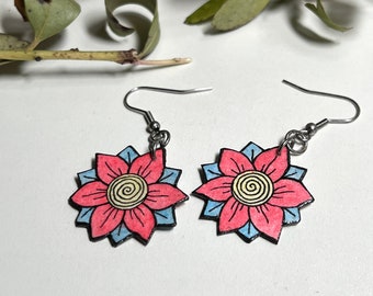 Psychedelic Summer Flower Earrings, Hand Painted, Lightweight