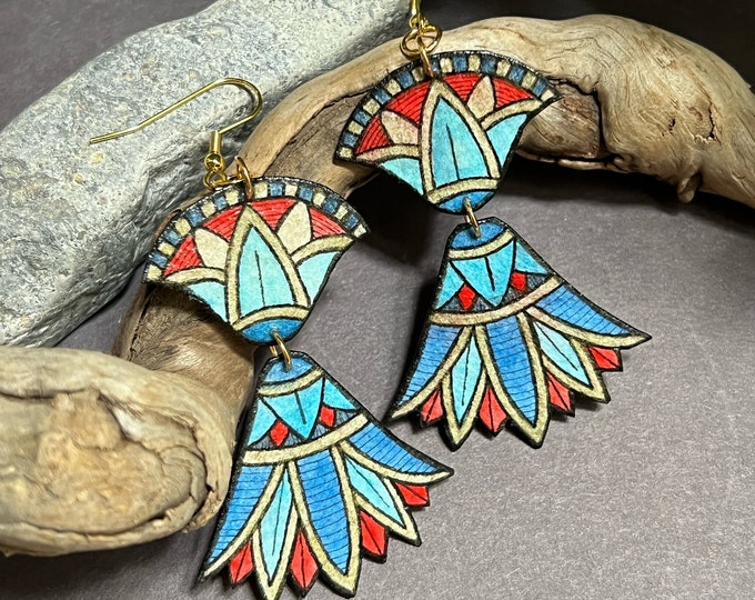 Large Lotus Flower Earrings, Egyptian Revival, Dangle Earrings, Hand Painted