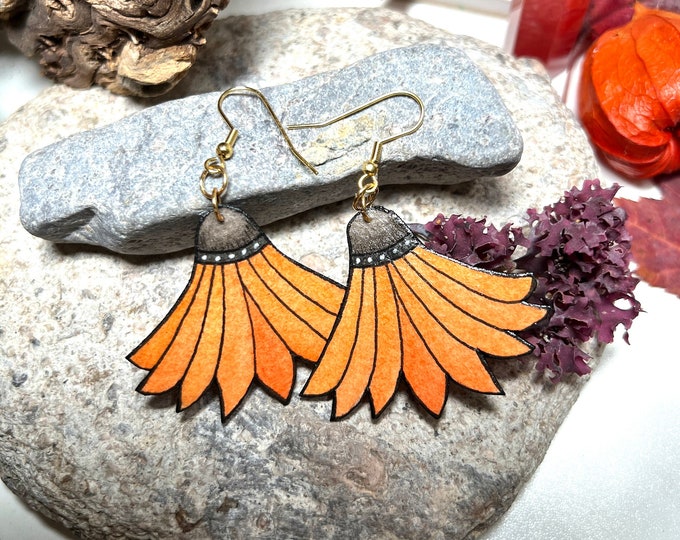 Orange Coneflower Earrings, Echinacea Painting, Lightweight