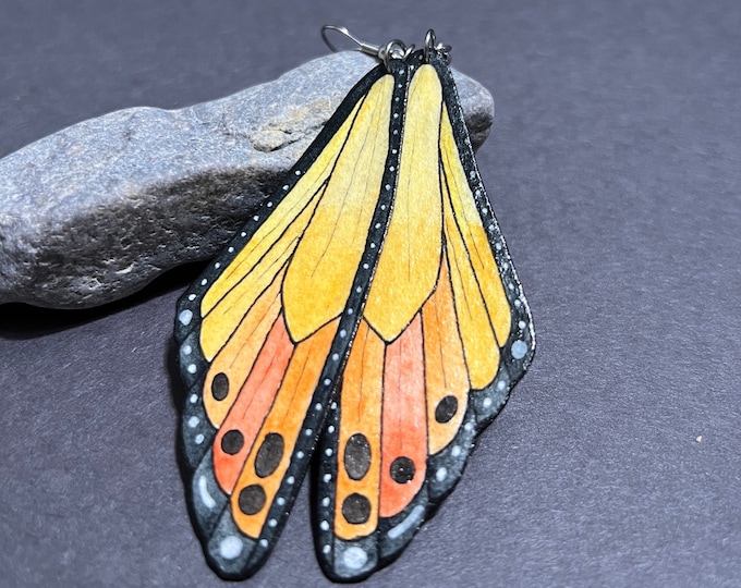 X-Large Monarch Butterly Wing Earrings, Wearable Fine Art Painting, Boho Butterfly Gift, Super Lightweight