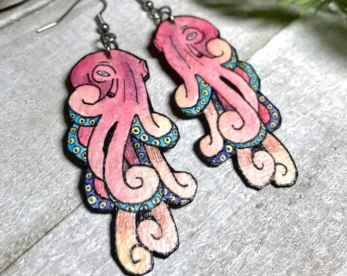 Hand-Painted Octopus Earrings: Colorful Ocean Creature Jewelry