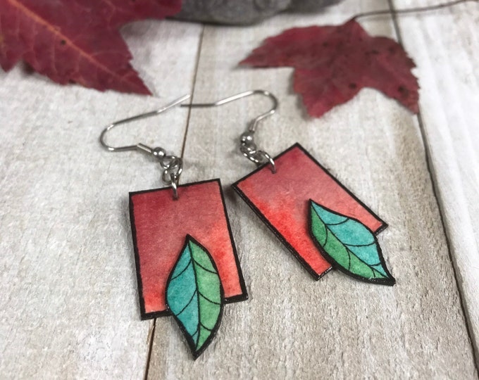 Small Tile and Leaf Sculpture Earrings, Wearable Fine Art Painting, Lightweight