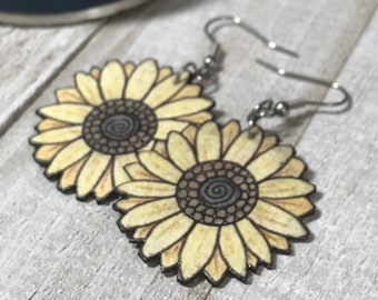 Golden Sunflower Earrings, Botanical Art, Woman's Gift, Hand Painted