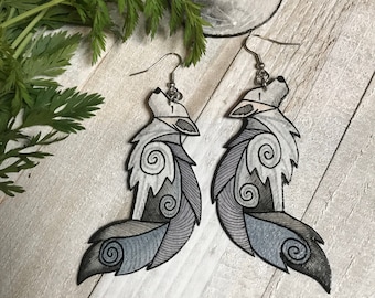 Howling Gray Wolf Earrings, Spirit Animal Jewelry, Hand Painted Wearable Art