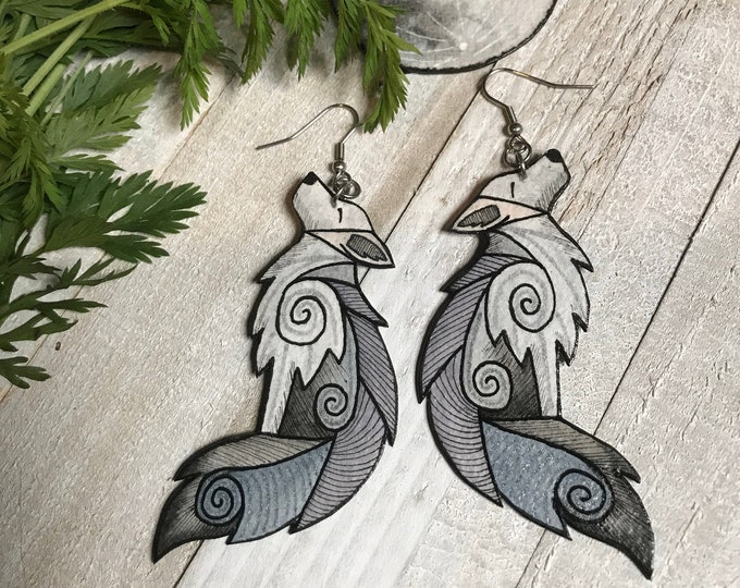 Howling Gray Wolf Earrings, Spirit Animal Jewelry, Hand Painted Wearable Art