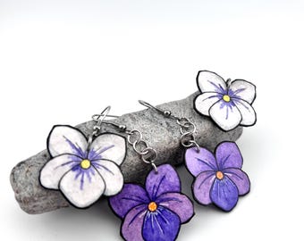 Violet Flowers Earring Set, Double Piercing, Whimsical Jewelry, Light Weight