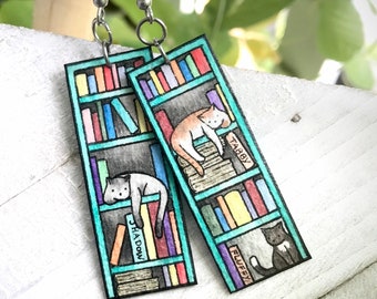 Cat and Book Earrings, Three Cats on Bookshelves, Personalized, Wearable Fine Art Painting