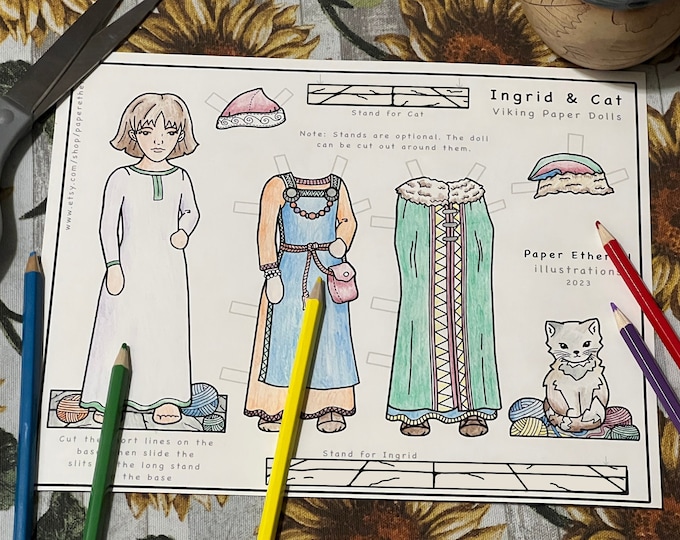 Viking Paper Doll Printable, Ingrid and Pet Cat, Coloring Page, Pretend Play