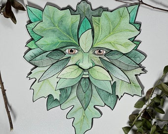 Green Man Painting, Ink and Watercolor, 3D Layered Wall Decor, Hand Painted, Original Art, Made to Order