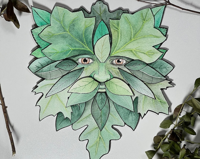 Hand-Painted Green Man Sculpture Painting: Ink & Watercolor Wall Decor