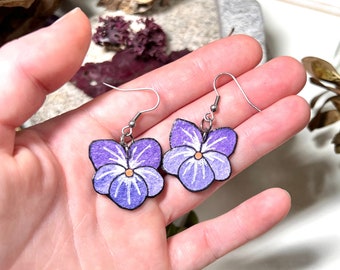 Purple Violet Flower Earrings, Hand Painted, Lightweight