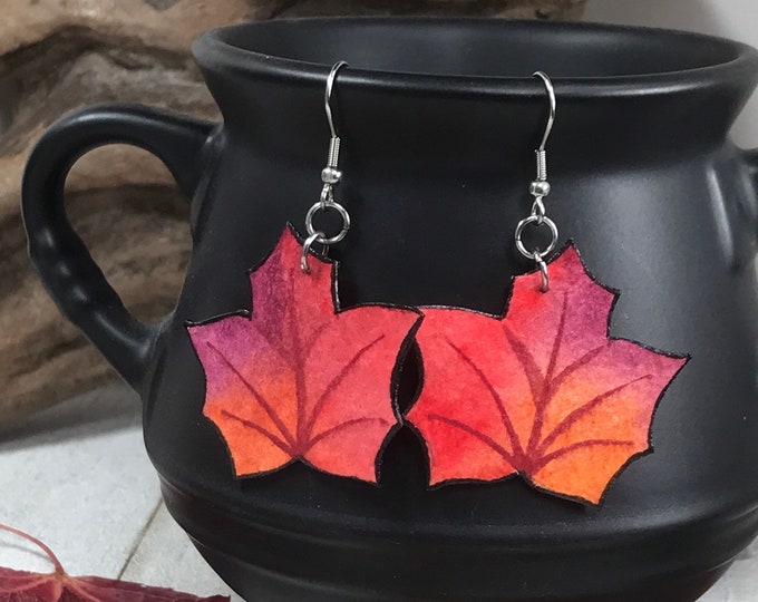 Hand‐Painted Autumn Maple Leaf Dangle Earrings | Nature Inspired Wearable Art | Hypoallergenic Stainless Steel | Gift for Fall Lovers