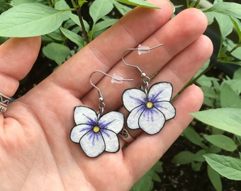 White Violet Flower Dangle Earrings, Hand Painted, Lightweight