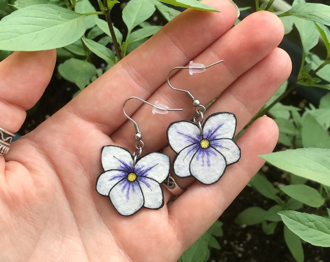 White Violet Flower Dangle Earrings, Hand Painted, Lightweight
