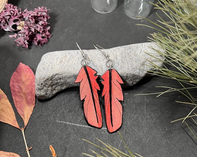 Cardinal Feather Earrings | Faux Feather | Hand Painted | Lightweight