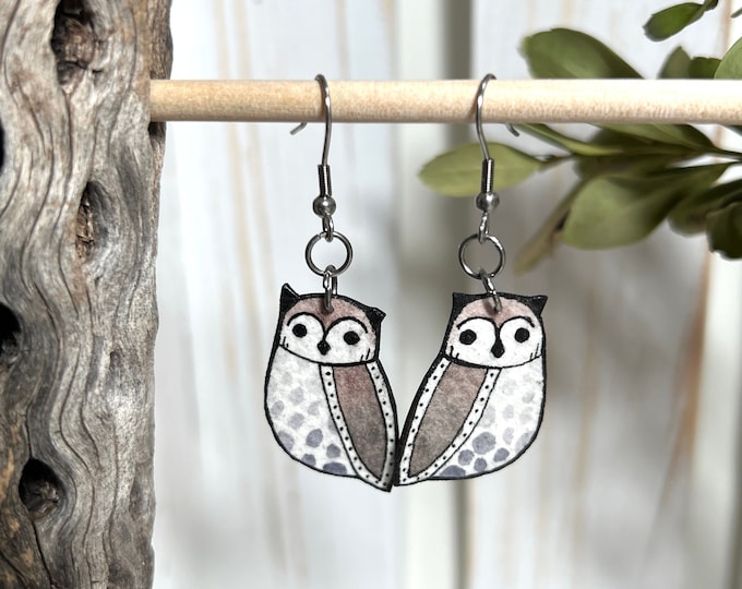 Hand-Painted Owl Earrings: Lightweight Watercolor Paper, Stainless Steel