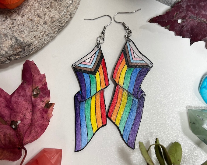 Progress Flag Earrings, LGBTQ+ Pride Jewelry, Oversized, Hand Made, Lightweight