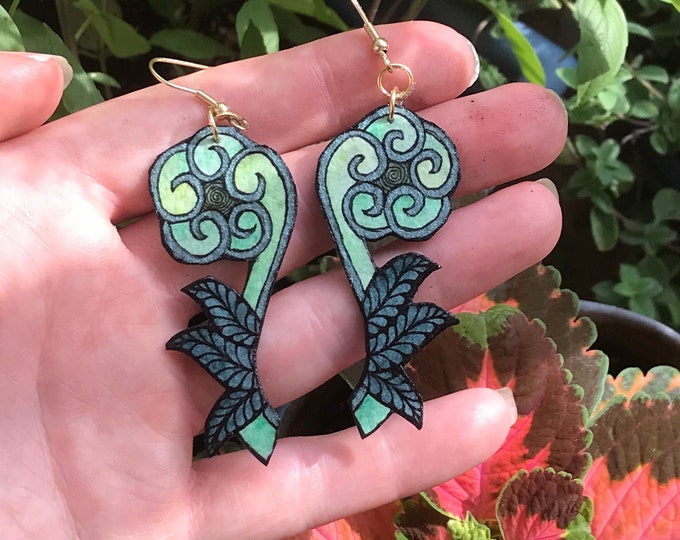 Fiddlehead Fern Earrings, Wearable Fine Art Painting, Botanical Gift