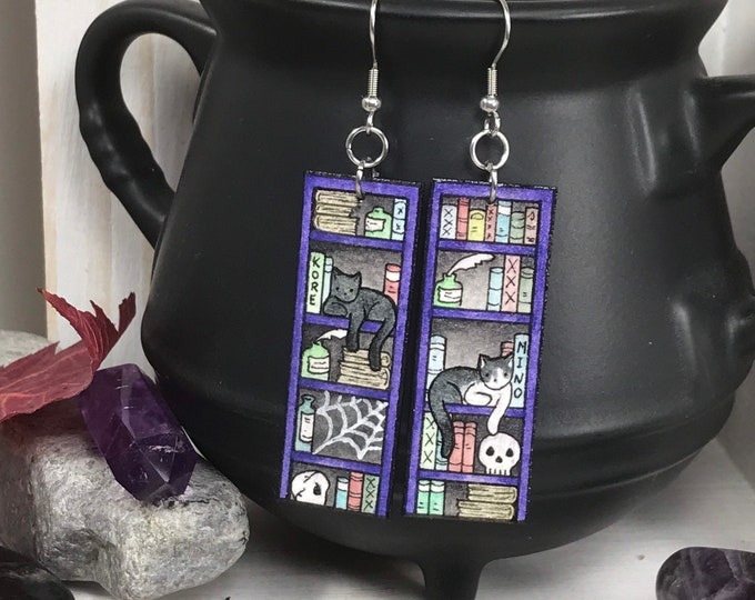 Personalized Gothic Cat on Bookshelf Earrings: Hand-Painted Wearable Art