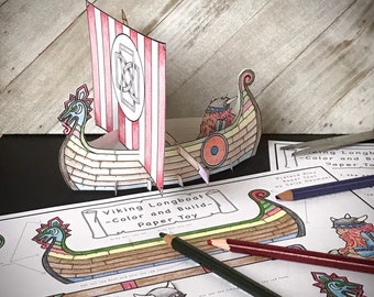 Viking Longboat Toy, Printable Coloring Page, Digital Download