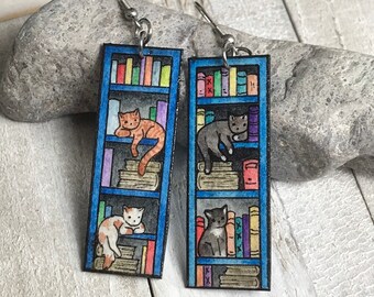 Cute Cats on Bookshelf Earrings, Pet Memorabilia Jewelry, Custom Cat Portrait Gift, Personalized, Hand Painted